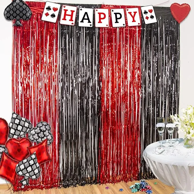 LOLStar 3 Pack Casino Foil Fringe Curtains Casino Theme Party Decorations 9.9 X 6.6 ft Red and Black Photo Booth Prop, Tinsel Streamer Backdrop for Las Vegas Theme Decor