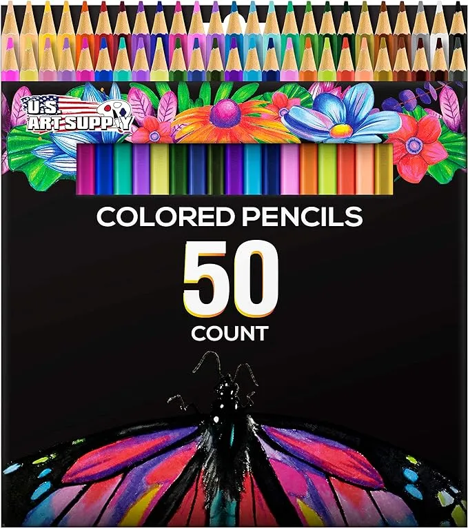 U.S. Art Supply 50 Piece Adult Coloring Book Artist Grade Colored Pencil Set -Vibrant Colors, Smooth Art Drawing, Sketching, Shading, Blending - Fun Activities for Kids, Students, Adults, Beginners