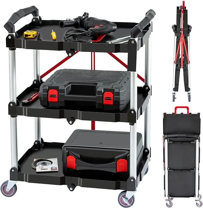 TECSPACE 3-Tier Portable Fold Up Collapsible Push Cart for Home & Commercial Use