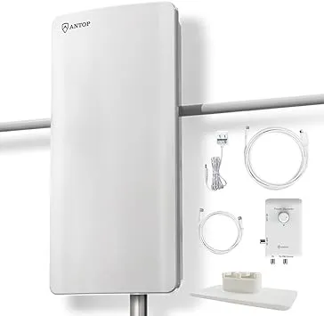 ANTOP HDTV & FM Amplified Antenna 85 Miles AT-800SBS with Dual Outputs Smart Boost System, Support TV and Second Device-FM Stereo, a Second TV or Any OTA-Ready Streaming Device or Projector
