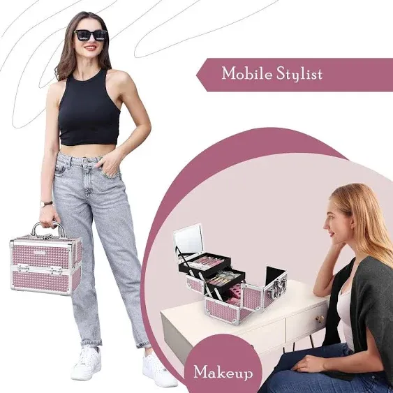 MAKEUP TRAIN CASE Cosmetic Box Jewelry Organizer Mirror Brush Holder JOLIGRACE