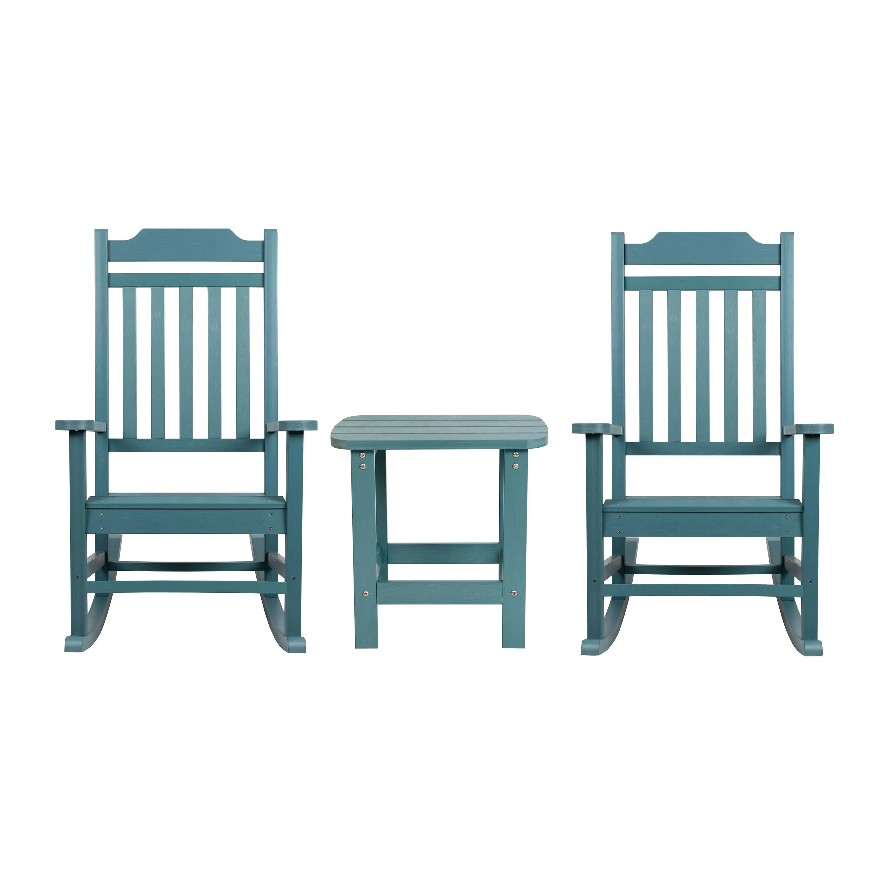 Flash Furniture Winston Set of 2 Rocking Chairs with Side Table - Black Poly Resin - Weather Resistant