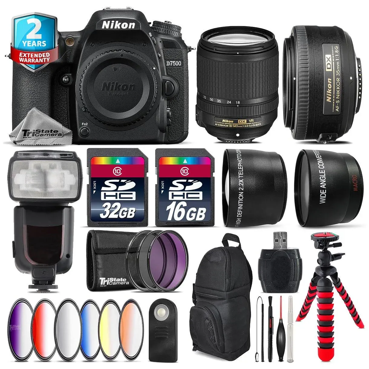 Nikon D7500 DSLR Camera Body with Two 32GB SD Cards and Accessory Bundle