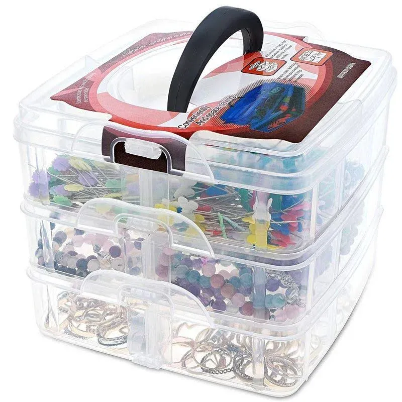 Craft Organizer Box - 3-Layer Stackable Craft Storage Organizer Case, Plastic Craft Supplies Organizer with Adjustable Compartments for Accessories,