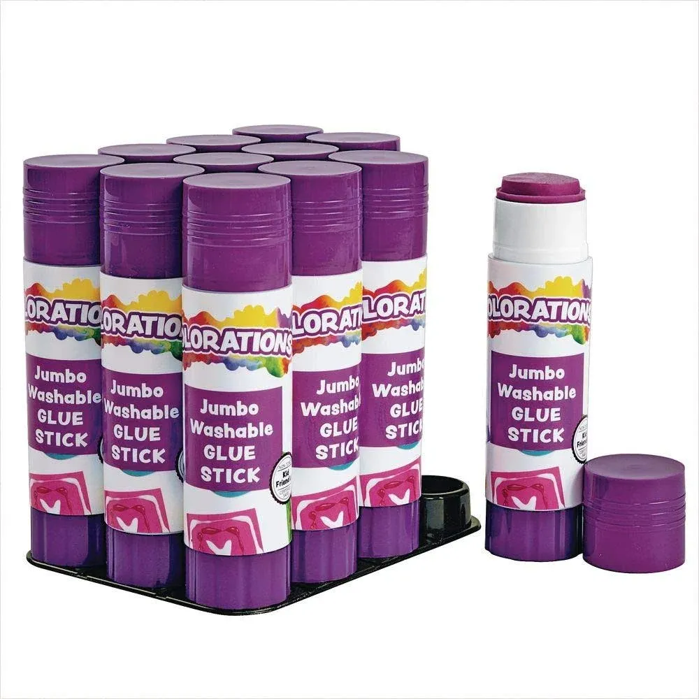 Colorations® Jumbo Washable Disappearing Purple Glue Sticks, Set of 12, 1.41 oz each, Non Toxic & Acid Free, Easy to See Where it is Applied & Dries Clear, Washable Glue, Use at School, Home or Office