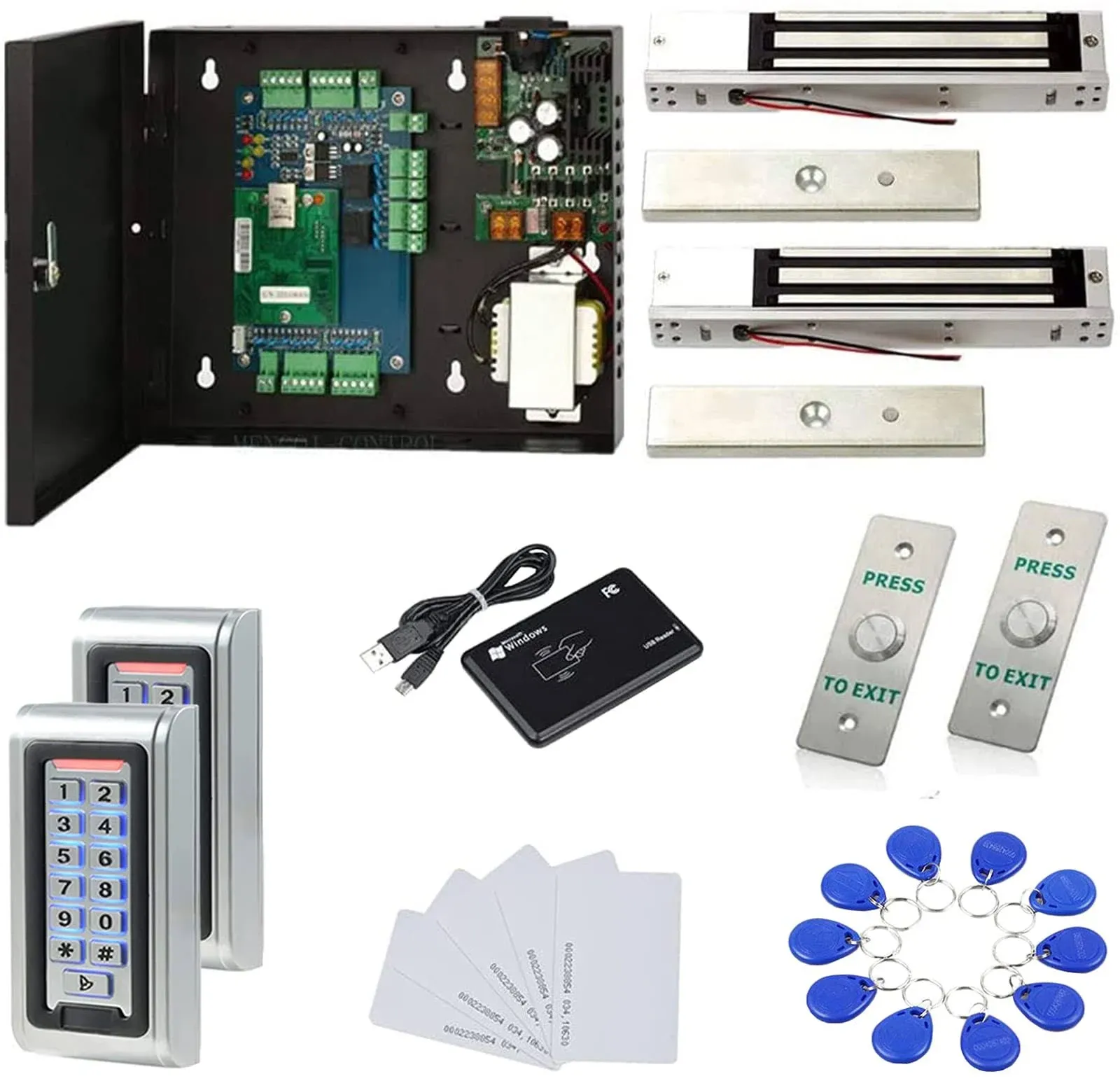 Waterproof Metal Keypad Reader TCP/IP 2 Doors Access Control Kit Outdoor Install Magnetic Lock Weather Proof Exit Button 110V Power Box RFID Cards/Key Fob(Phone APP remotely Open Door)