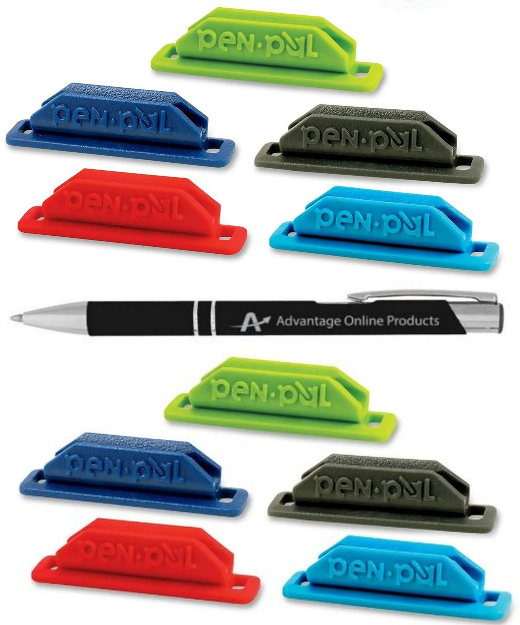 10 Pack Assorted Colors Pen Pal Pen Holders with Custom Advantage Black and ...