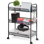 TOOLF 3-Tier Rolling Cart, Metal Utility Storage Cart with DIY Pegboards, Art Craft Trolley with Baskets Hooks, Organizer Serving Cart Easy Assemble
