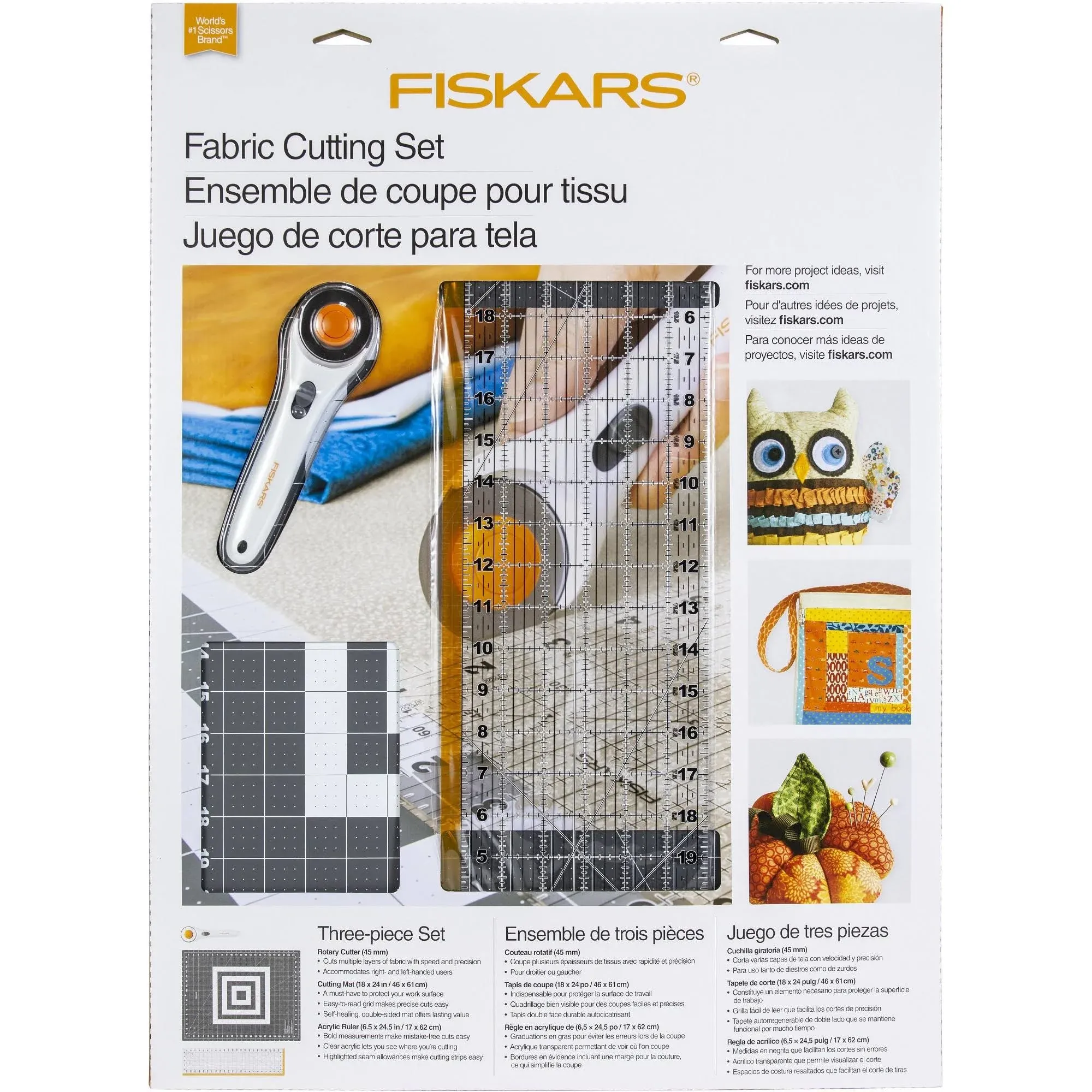 Fiskars Rotary Cutter 3-Piece Set - 45mm Stick Rotary Cutter for Fabric, Cutting Mat, and Sewing Ruler - Craft Supplies - Gray