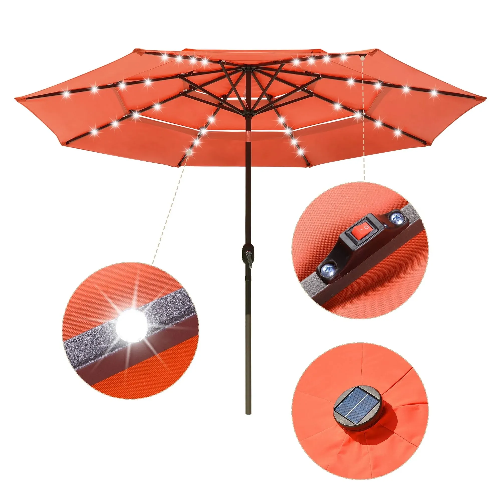 Yescom 10 Ft 3 Tier Patio Umbrella with Solar LED Crank Tilt Button Outdoor Table Yard