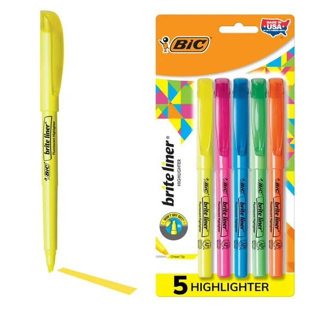 BIC Brite Liner Highlighter, Assorted, Chisel Tip - 5 Highlighters