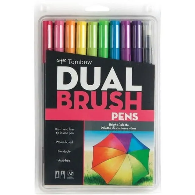 Tombow Dual Brush Pens, Bright Palette Colors - Set of 10