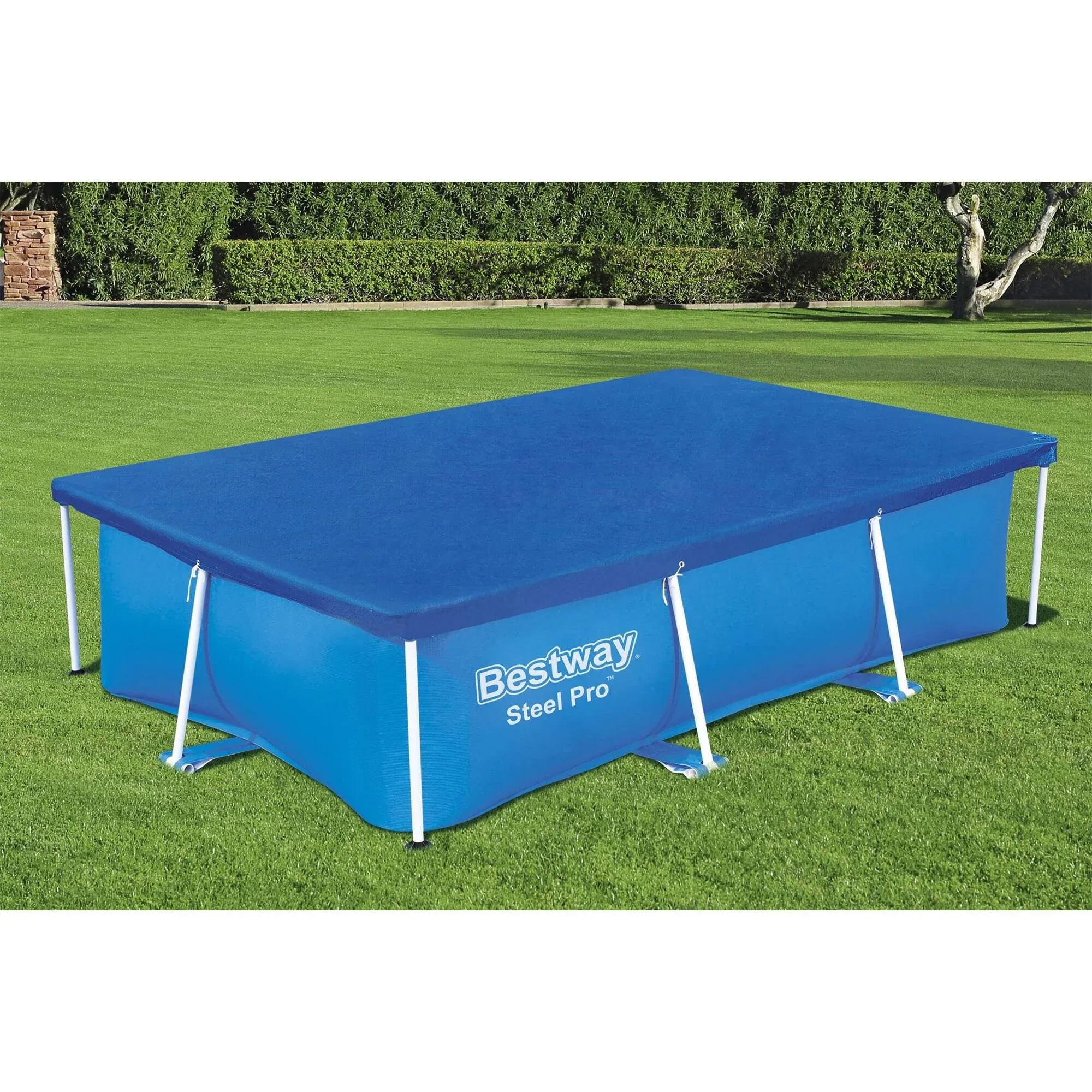 Bestway 58105 Flowclear Pro 102 x 67 Inch Rectangular UV Resistant Polyethylene Above Ground Swimming Pool Cover with Ropes, Blue